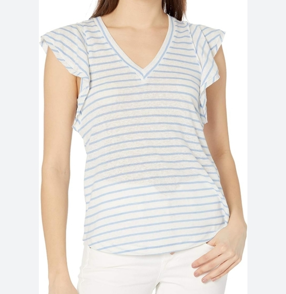 💚5/$25 Ella Moss Blue & White Gemma Striped V-Neck Top Ruffle Flutter Sleeve XL